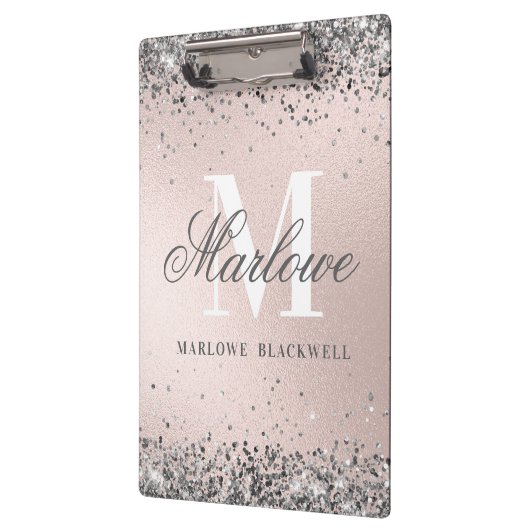 Chic Silver en Blush Pink Monogram Glitter Klembord (Links)