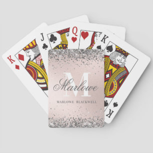 Chic Silver en Blush Pink Monogram Glitter Pokerkaarten