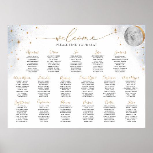 Chic Silver en Gold Celestial Seating Chart Sign. Poster (Voorkant)