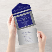 Chic Silver en Royal Blue Wedding All In One Uitnodiging (Afscheurbaar)