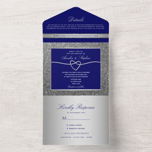 Chic Silver en Royal Blue Wedding All In One Uitnodiging (Binnen)
