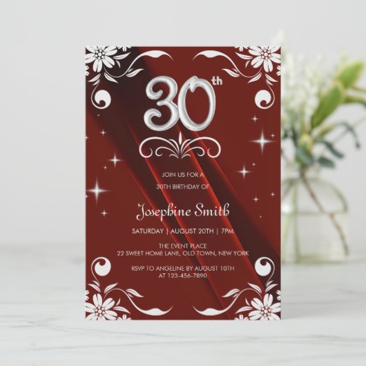 Chic Silver Floral Lijst Bourgogne 30e verjaardag Kaart (Staand voorkant)