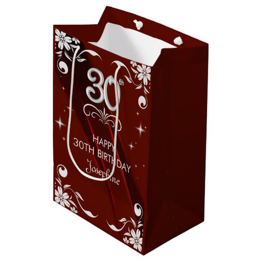 Chic Silver Floral Lijst Bourgogne 30e verjaardag Medium Cadeauzakje (Voorkant Gekanteld)