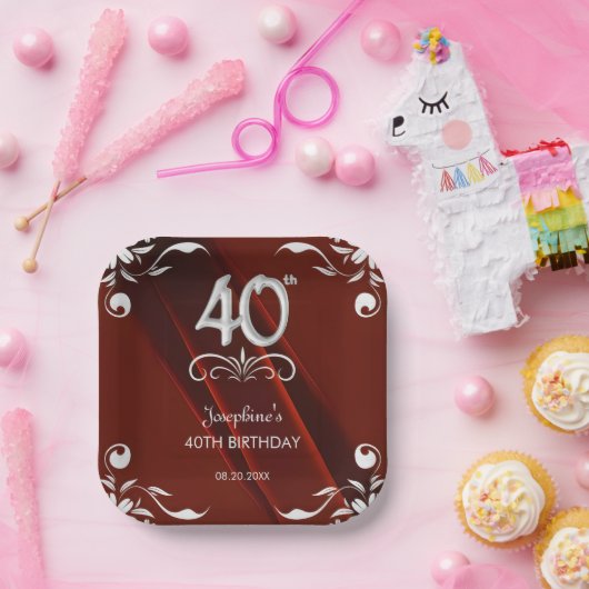 Chic Silver Floral Lijst Bourgogne 40e verjaardag Papieren Bordje (Feest)