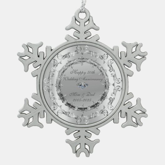 Chic Silver Floral Swirls bruiloft Jubileum Tin Sneeuwvlok Ornament (Voorkant)