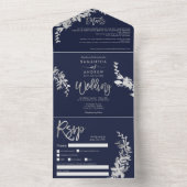 Chic Silver Floral typografie marvy blue bruiloft All In One Uitnodiging (Binnen)