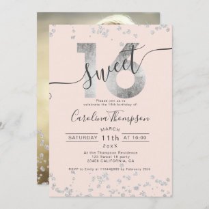 Chic Silver Foil confetti blush Sweet 16 foto Kaart