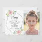 Chic Silver Foil Floral Foto Sweet 16 Birthday Kaart (Voorkant)