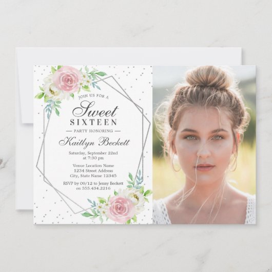 Chic Silver Foil Floral Foto Sweet 16 Birthday Kaart (Voorkant)