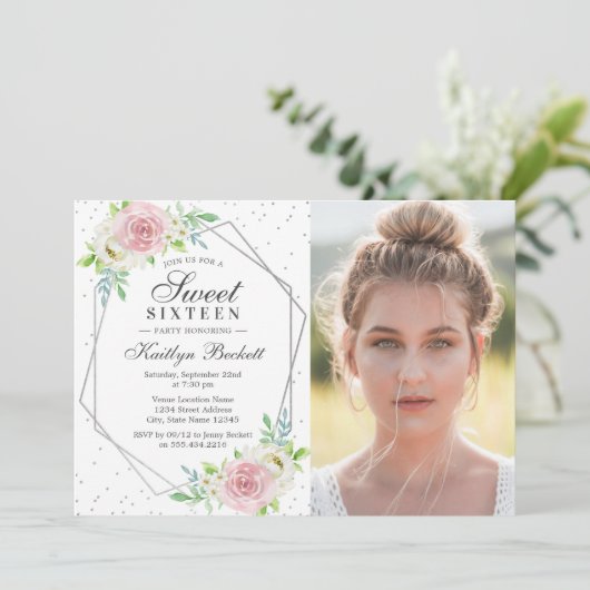 Chic Silver Foil Floral Foto Sweet 16 Birthday Kaart (Staand voorkant)