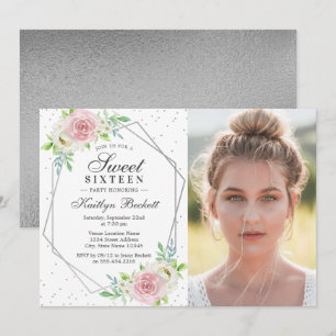 Chic Silver Foil Floral Foto Sweet 16 Birthday Kaart