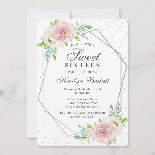 Chic Silver Foil Floral Sweet 16 Birthday Kaart (Voorkant)