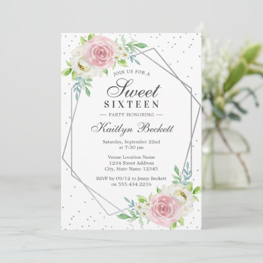 Chic Silver Foil Floral Sweet 16 Birthday Kaart (Staand voorkant)