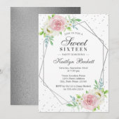 Chic Silver Foil Floral Sweet 16 Birthday Kaart (Voorkant / Achterkant)
