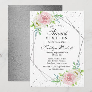 Chic Silver Foil Floral Sweet 16 Birthday Kaart