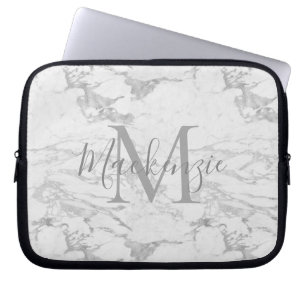 Chic Silver Foil Marble Monogram Laptop Sleeve