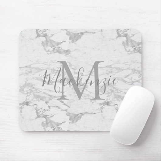 Chic Silver Foil Marble Monogram Muismat (Met muis)