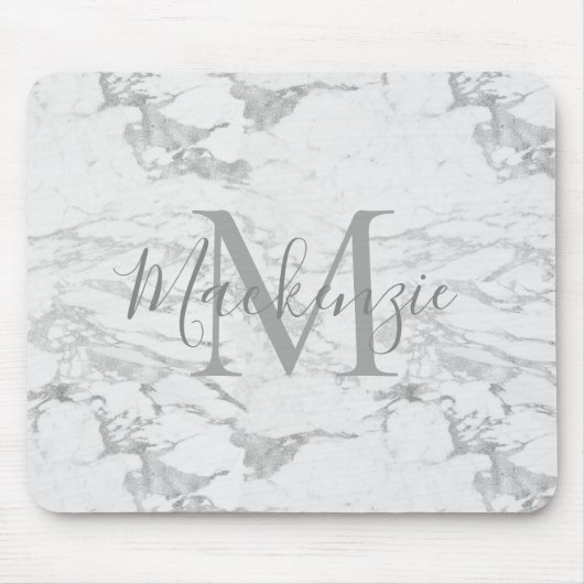 Chic Silver Foil Marble Monogram Muismat (Voorkant)