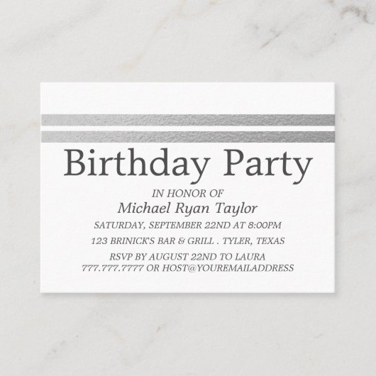 Chic Silver Foil Stripes Birthday Party Ticket (Voorkant)
