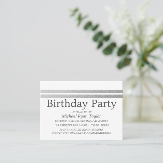 Chic Silver Foil Stripes Birthday Party Ticket (Staand voorkant)