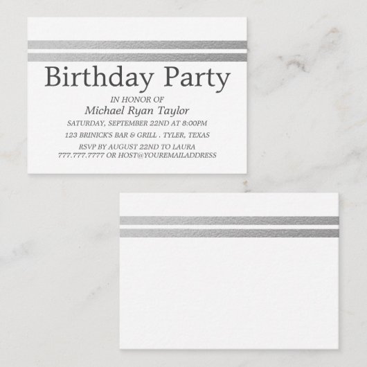 Chic Silver Foil Stripes Birthday Party Ticket (Voorkant / Achterkant)