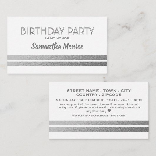 Chic Silver Foil Stripes, Birthday Party Ticket Informatiekaartje (Voorkant / Achterkant)