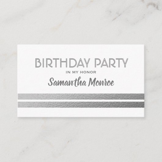 Chic Silver Foil Stripes, Birthday Party Ticket Informatiekaartje (Voorkant)
