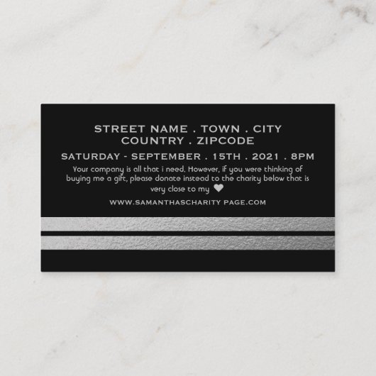 Chic Silver Foil Stripes, Birthday Party Ticket Informatiekaartje (Achterkant)