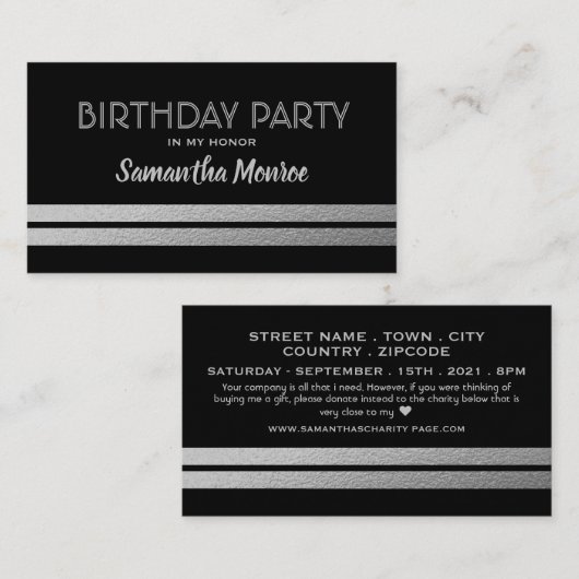 Chic Silver Foil Stripes, Birthday Party Ticket Informatiekaartje (Voorkant / Achterkant)