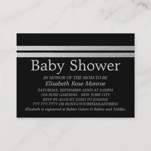 Chic Silver Foil Stripes, Black Baby shower Ticket (Voorkant)