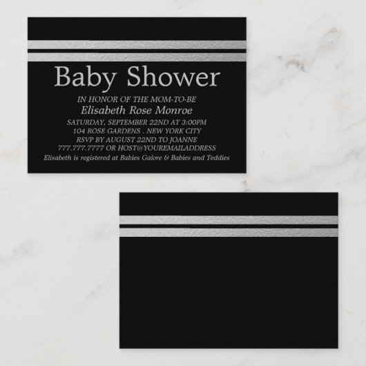 Chic Silver Foil Stripes, Black Baby shower Ticket (Voorkant / Achterkant)