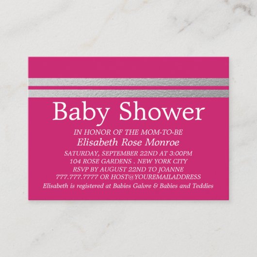 Chic Silver Foil Stripes, Roze Baby shower Ticket (Voorkant)