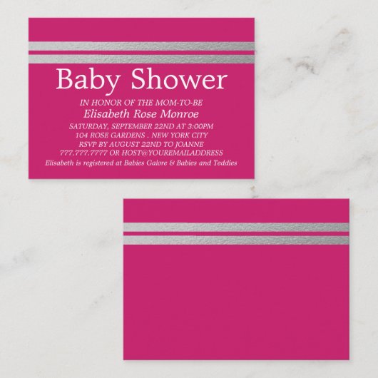 Chic Silver Foil Stripes, Roze Baby shower Ticket (Voorkant / Achterkant)