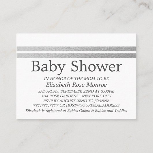 Chic Silver Foil Stripes, White Baby shower Ticket (Voorkant)
