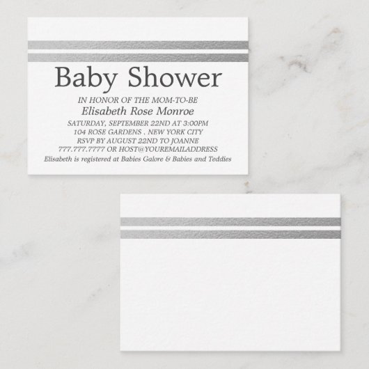 Chic Silver Foil Stripes, White Baby shower Ticket (Voorkant / Achterkant)