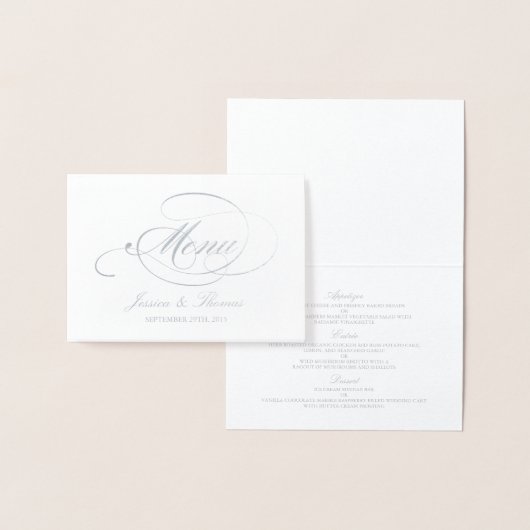 Chic Silver Foil & White Wedding Menu Sjabloon (Display)