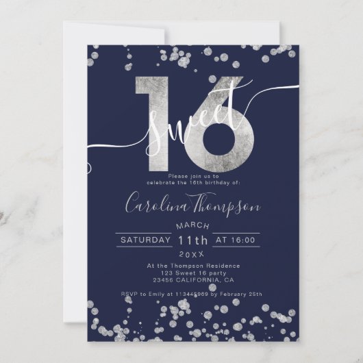Chic Silver folie confetti navy blue Sweet 16 foto Kaart (Voorkant)