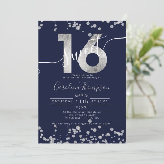 Chic Silver folie confetti navy blue Sweet 16 foto Kaart (Staand voorkant)