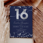 Chic Silver folie confetti navy blue Sweet 16 foto Kaart<br><div class="desc">Een modern,  chic en elegant chic Silver Glitter,  zoete uitnodiging voor 16 verjaardagsfeestjes met een moderne 16-typografie met zilveren folie zorgt voor glitter op een bewerkbare blauwachtige achtergrond. Voeg uw foto bij de rug toe of verlaat een roze achtergrond. Perfect voor het prinsesthema Sweet 16!</div>