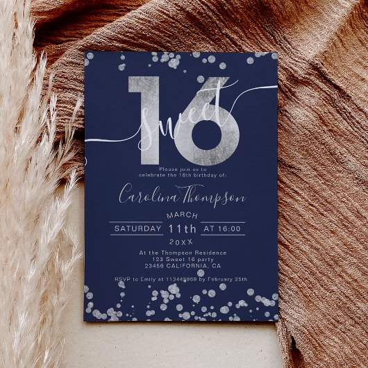 Chic Silver folie confetti navy blue Sweet 16 foto Kaart