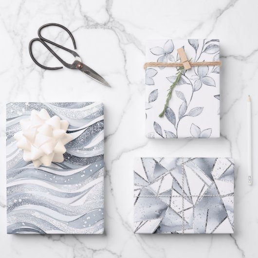 Chic Silver Glam Abstract en Bloemen Verjaardag Inpakpapier Vel (Voorkant)