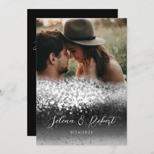 Chic Silver Glitter Abstract Overlay Foto Weddensc Kaart (Voorkant / Achterkant)