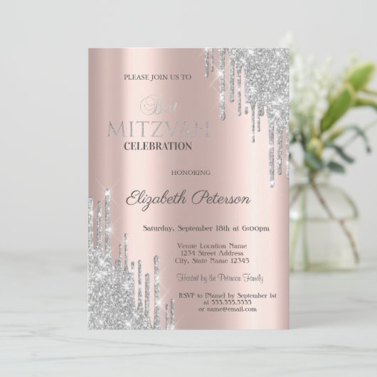 Chic Silver Glitter bestuurt Roos Gold Bat Mitzvah Kaart (Staand voorkant)