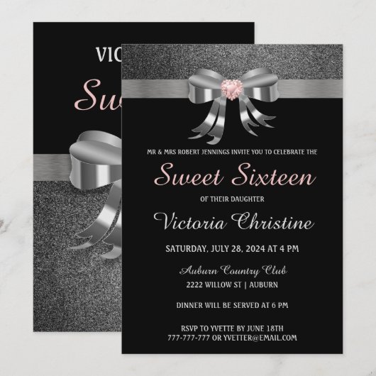 Chic Silver Glitter Birthday Uitnodiging (Voorkant / Achterkant)