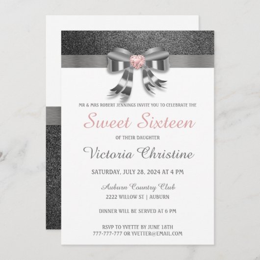 Chic Silver Glitter Birthday Uitnodiging (Voorkant / Achterkant)