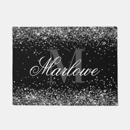 Chic Silver Glitter Black en White Monogram Deurmat (Voorkant)