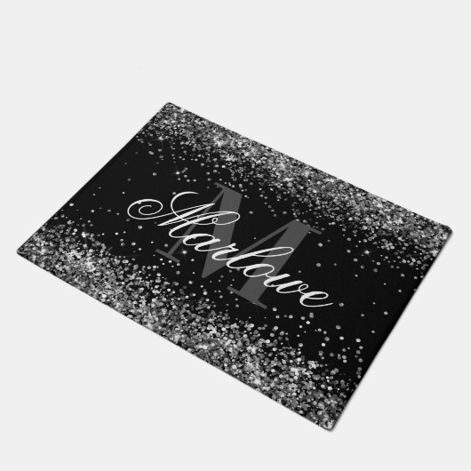 Chic Silver Glitter Black en White Monogram Deurmat (Schuin)