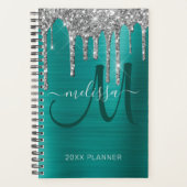 Chic Silver Glitter Blauwgroen geborsteld Metaal 2 Planner (Voorkant)