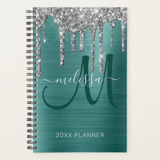 Chic Silver Glitter Blauwgroen geborsteld Metaal 2 Planner (Voorkant)