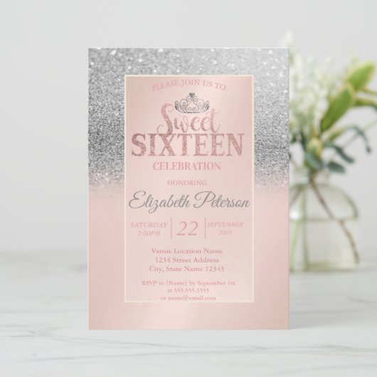 Chic Silver Glitter Bokeh, Tiara Sweet 16 Party Kaart (Staand voorkant)